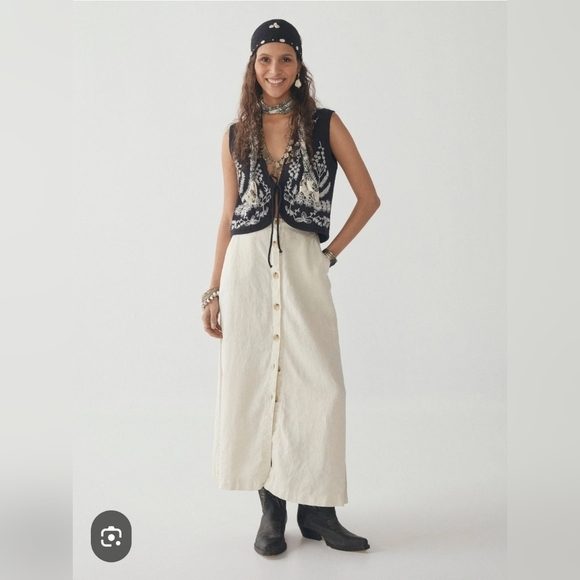 Vintage Linen Button Down Beige Plus Size Skirt Cotton - Picture 8 of 9